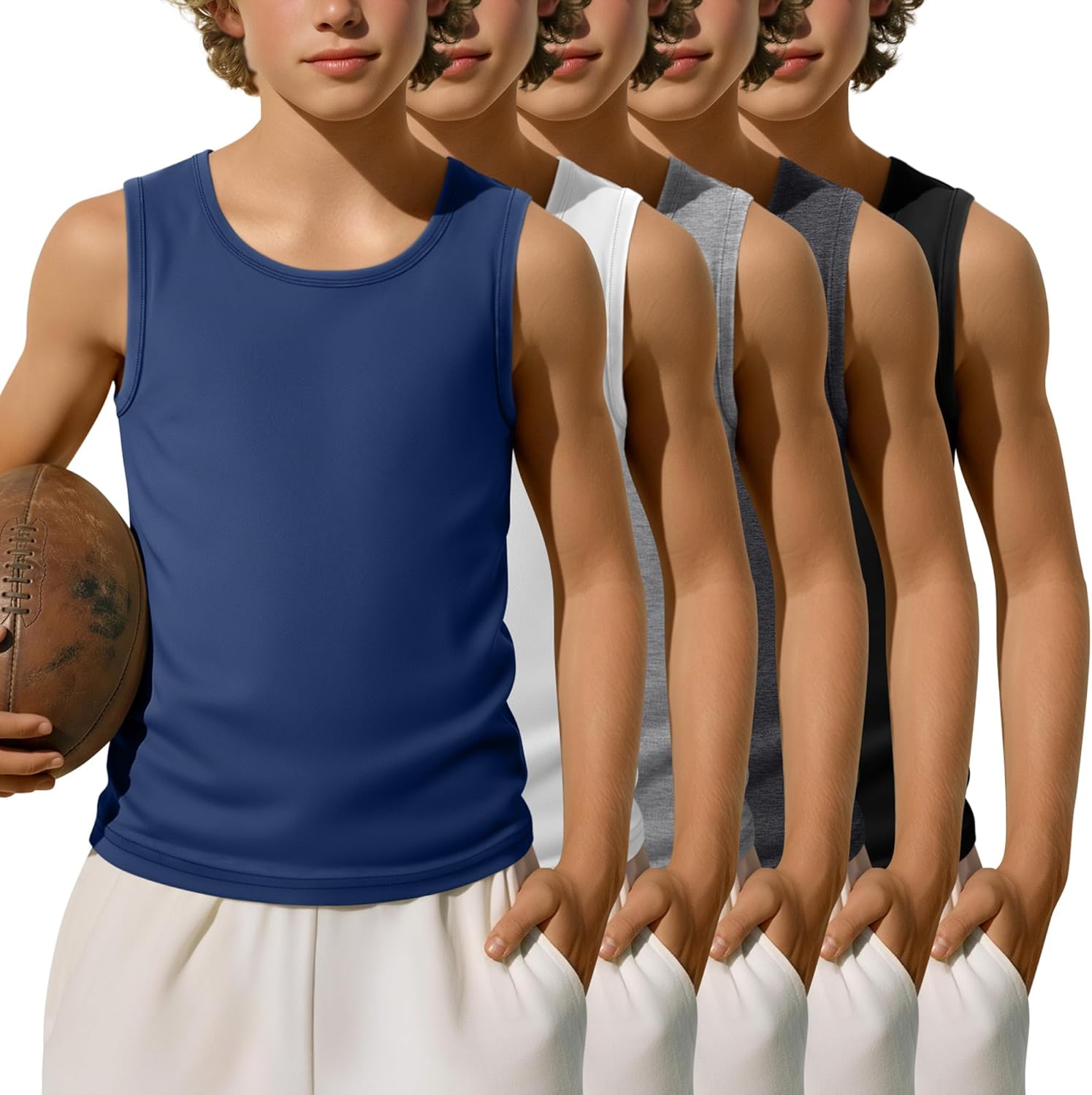 5 Pack Boys' Tank Tops Sleeveless Athletic Crew Neck T-Shirts Kids Summer Casual Soft Tanks Toddler Youth 3-16 Years