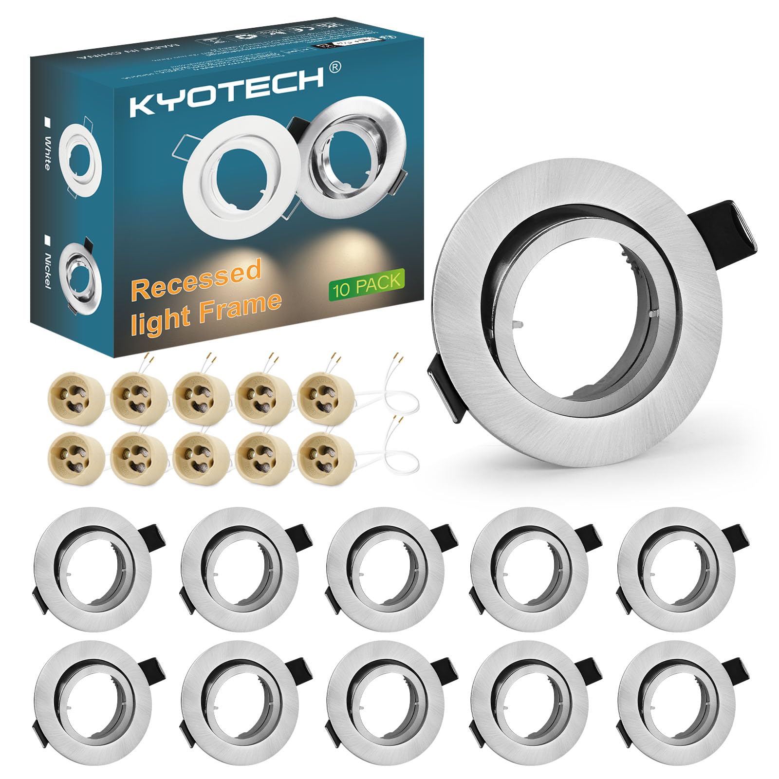 KYOTECH Rama montażowa reflektor do zabudowy zestaw 10 szt. GU10 ramka biała wychylna LED spot ramka do zabudowy okrągłe lampy do zabudowy rama do żarówek halogenowych moduł GU10 MR16 wraz z oprawką GU10