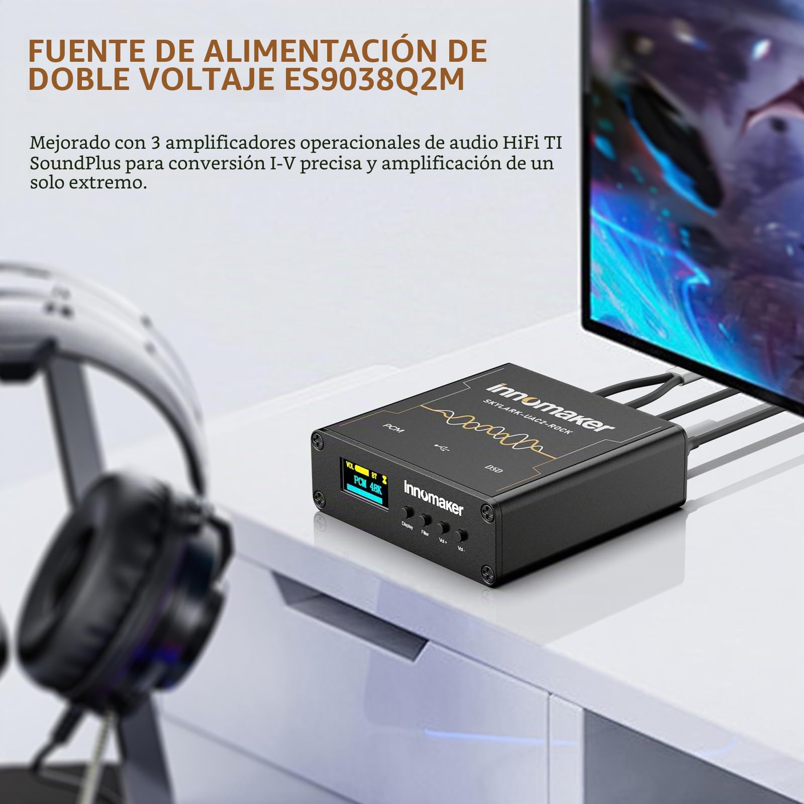 DAC USB HiFi/Amplificador de auriculares Salidas 3,5 mm/XLR ES9038Q2M PCM 32Bits/768kHz o DSD256 Pantalla FFT del espectro de audio Tarjeta de sonido para PC/ordenadores portátiles/SBC (no compatible