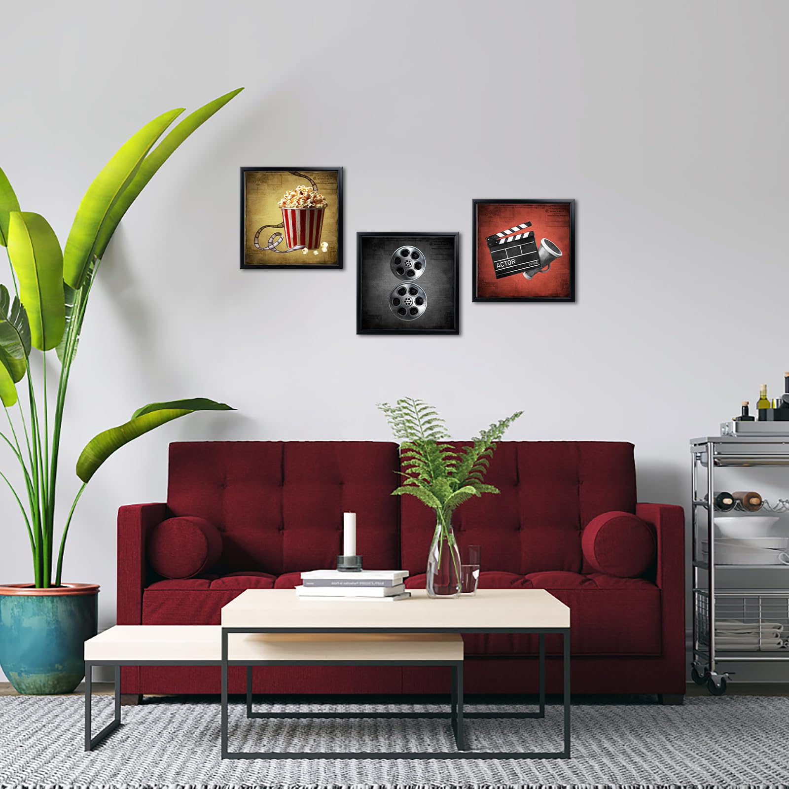 Saypeacher Filmkino-Wandkunst-Set, Leinwanddrucke mit Popcorn-Filmrolle und Schindeln, schwarzer Rahmen, für Heimkino, Zimmer, Schlafzimmer, Dekoration, 30,5 x 30,5 x 30,5 cm, 3 Stück