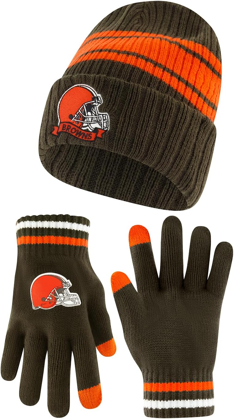 Ultra Game Youth NFL Official Super Soft Team Stripe Winter Beanie Knit Hat with Warm Touch Screen Gloves