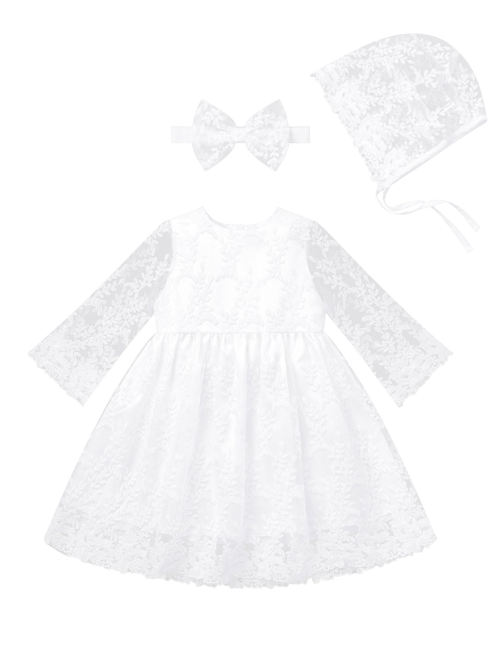 Infant Girl White Baptism Christening Outfits with Bonnet Flower Girl Wedding Dress Newborn Sheer Sleeve Blessing Gown