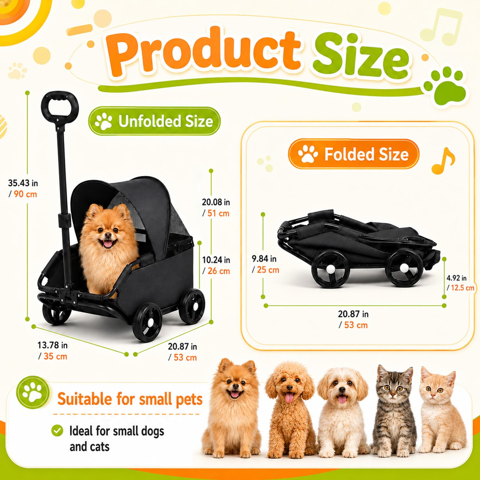 Mini Hundewagen, Hundebuggy für Kleine Hunde bis 7 kg, Faltbare Multifunktionaler Haustierwagen mit 360° Drehbarer Teleskopgriff, Sonnendach, Kinderwagen für Kleine Haustiere