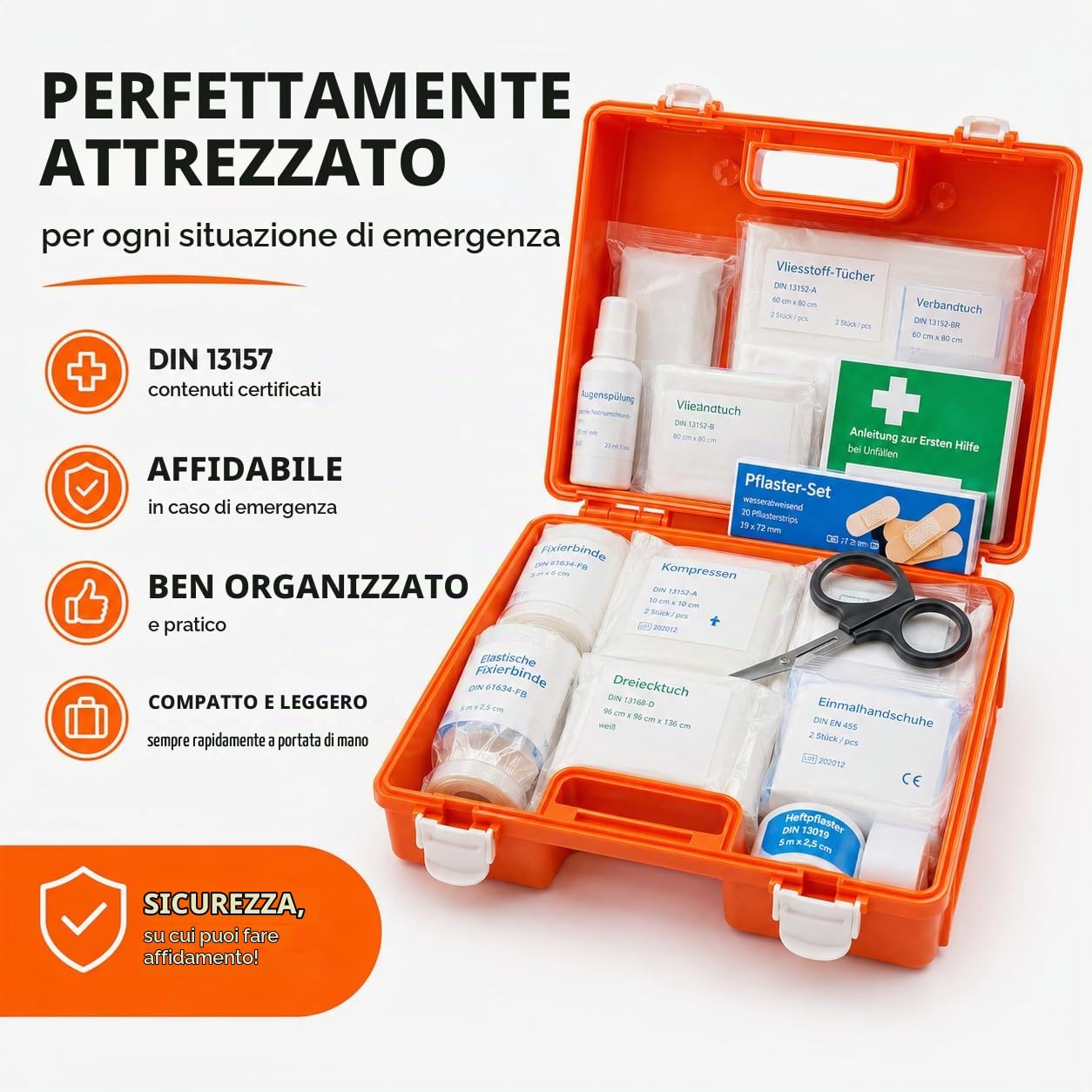 Cassetta di pronto soccorso, DIN 13157, per aziende e aziende, scatola di pronto soccorso, testata secondo gli standard attuali, con adesivo e supporto da parete