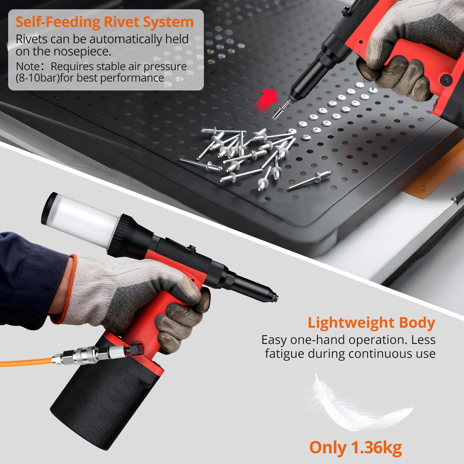 Proster Remachadora Neumatica Autoaspirante 1400KGF Pistola Remachadora de Aire con 360°Conector de Aire Giratorio y 5 Tamaños de Boquilla 2,4-6,4mm para Mecánicos, Marinos y Automoción