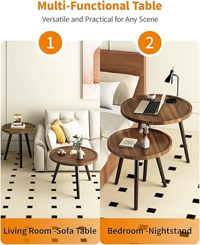 Miniatura 4 de Juego de 2 mesas de centro redondas anidadas, mesa de té de nogal para espacios pequeños, mesa central circular de madera con acanaladas, mesas de