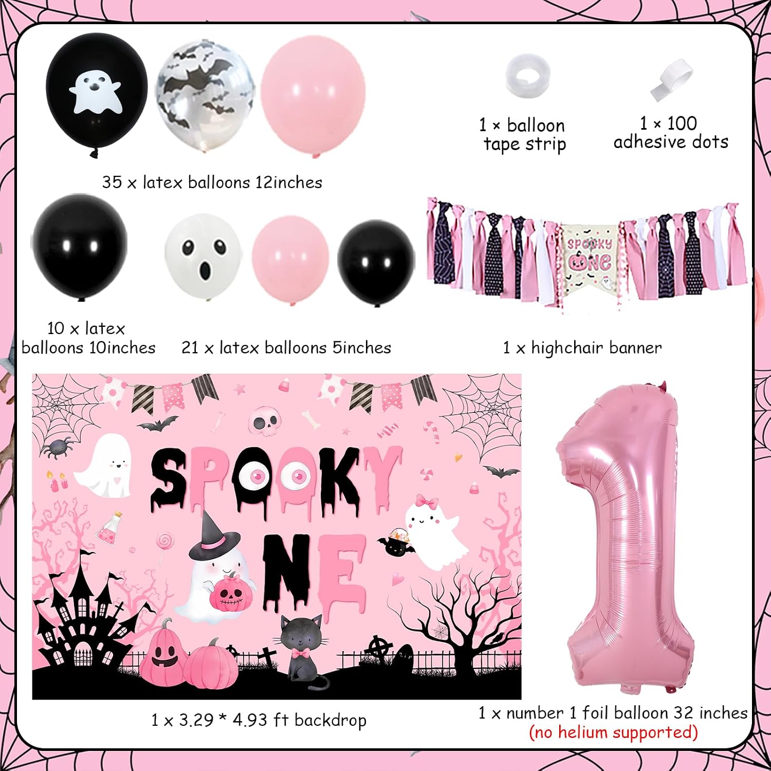 Spooky One Halloween Birthday Decorations Black Pink Halloween 1st Party Supplies for Girls Spooky One Backdrop Black Pink Balloon Garland Kit Ghost Pumpkin Highchair Banner for First Boo Day