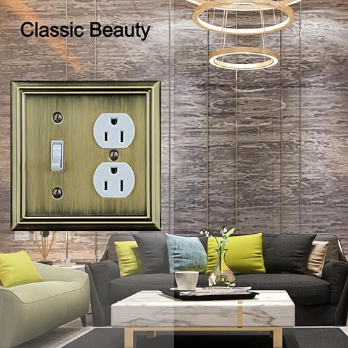 Miniatura 4 de OKAWYC Adler - Placa de pared de metal para interruptor de luz dúplex de palancadúplex, paquete de 2 unidades de latón antiguo, cubierta de salida