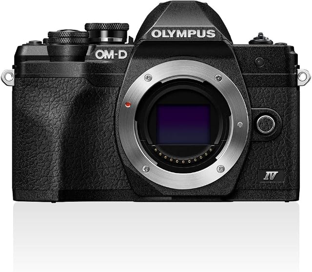 Olympus OM-D E-M10 Mark IV Micro Four Thirds System Camera, 20 MP sensor, 5-axis image stabilizer, selfie LCD screen, electronic viewfinder, 4K video, powerful AF, Wi-Fi, black