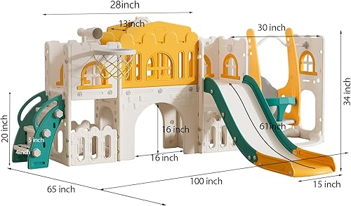 Miniatura 8 de Sistema de juego para patio de recreo, tobogán 10 en 1 para niños pequeños, para interiores de 1 a 3 años con columpio, aro de baloncesto y