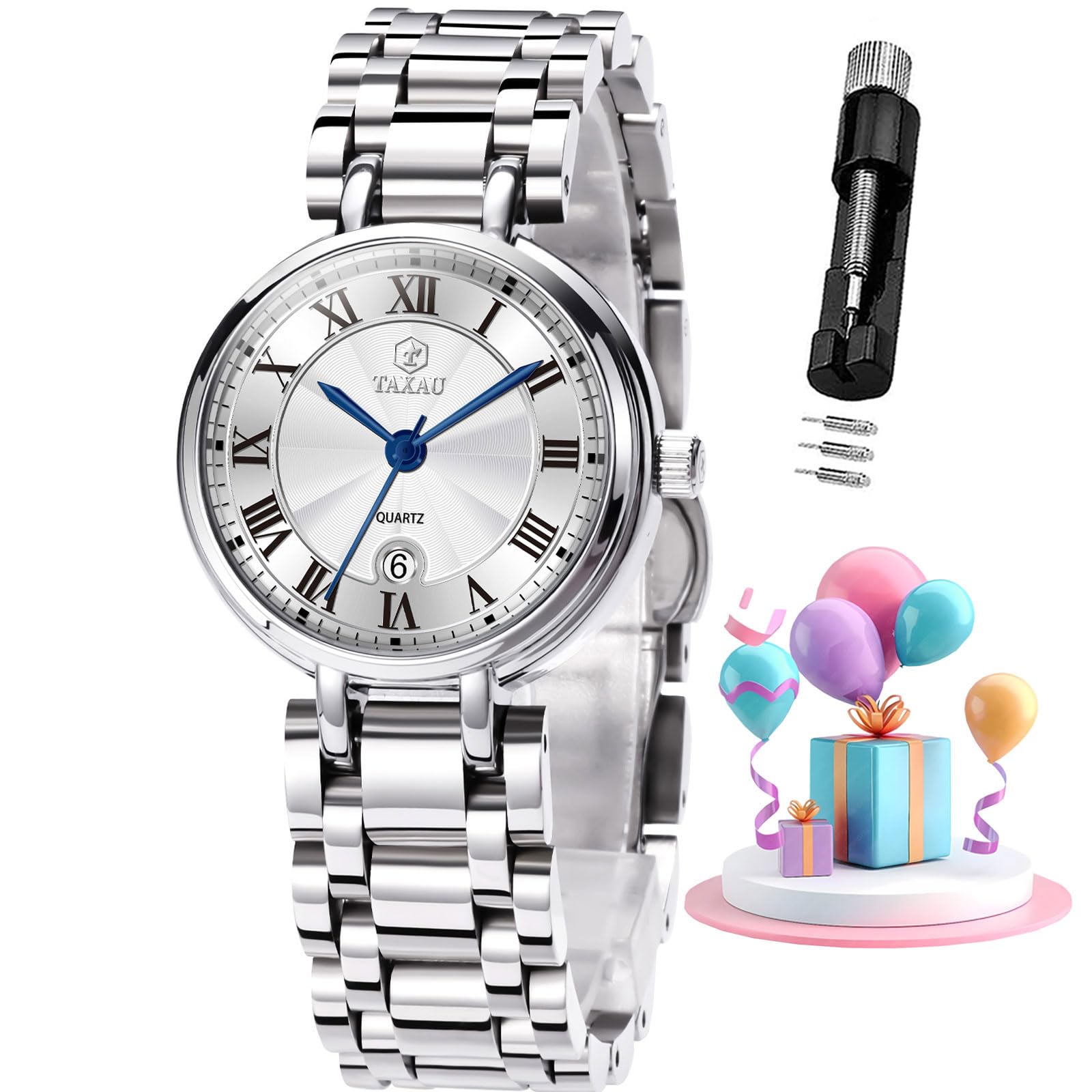 Taxau Ladies Watch Fashion Elegant Dress Silver Watches for Women Stainless Steel Waterproof Women's Wrist Watches Analog Quartz Small Wrists Easy Read White Face Relojes De Mujer