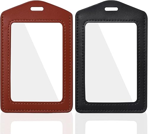 Paquete de 2 portatarjetas de identificación de cuero auténtico, soportes verticales para tarjetas de identificación con ventana transparente