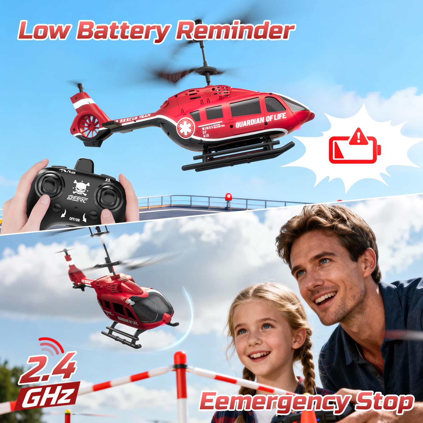DEERC Hubschrauber mit Fernbedienung, RC militärische Rettung mit LED-Lichtern, 2 wiederaufladbare Batterien, Höhenhaltung, stabile Steuerung 2,4 GHz, Spielzeug mit Fernbedienung, ideal für Kinder und