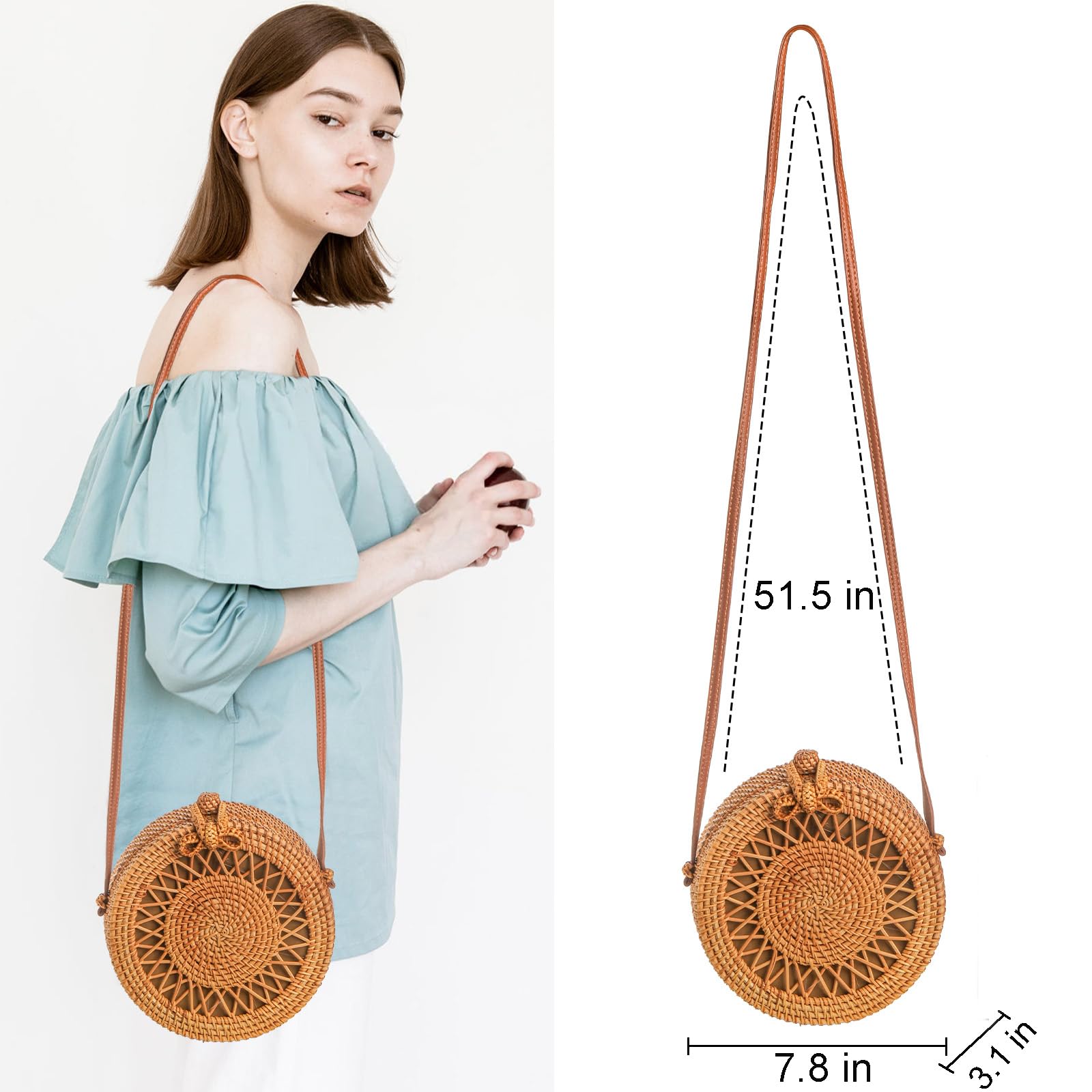 Okllen Borsa rotonda in rattan da donna, stile bohémien, intrecciata a mano, borsa a tracolla in paglia per vacanze estive