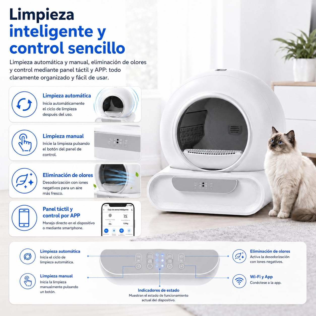 Arenero Gatos Autolimpiable XXL 65L+9L, Arenero Automatico con Control App WiFi 2.4GHz, Monitorización de Peso y Actividad, Sistema Antiodor, para Varios Gatos 1-8 kg (H)