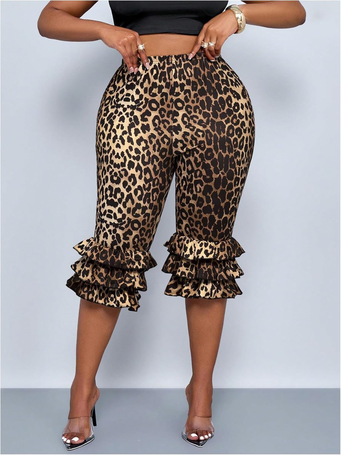 WDIRARA Women's Plus Size Leopard Print Layered Ruffle Skinny Capri Pants Stretch Elastic Waist Leggings - Image 2