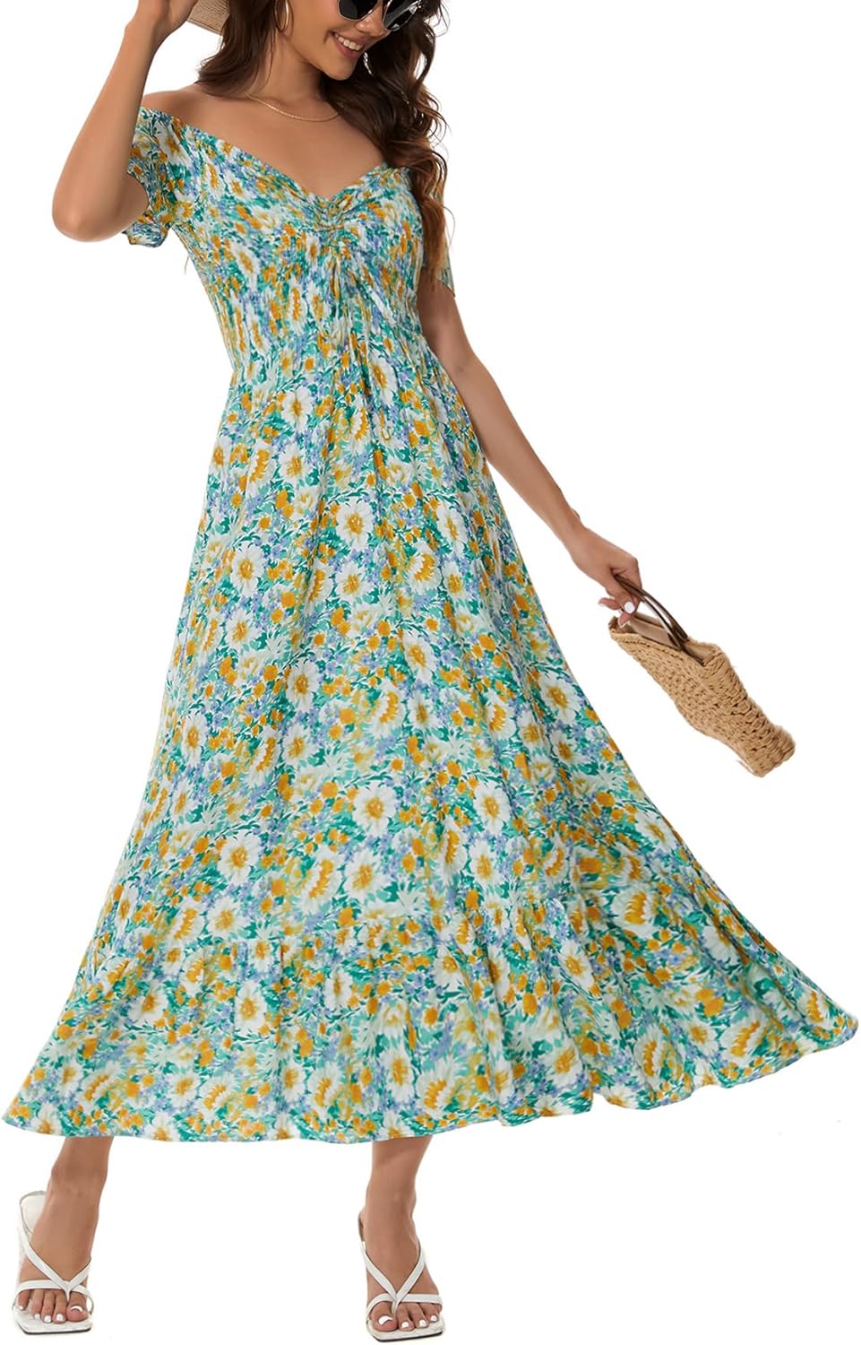 Summer Smocked Boho Maxi Dress for Women 2026 Short Sleeve Floral Smocked Flowy Ruffled Beach Vacation Dresses Lightweight