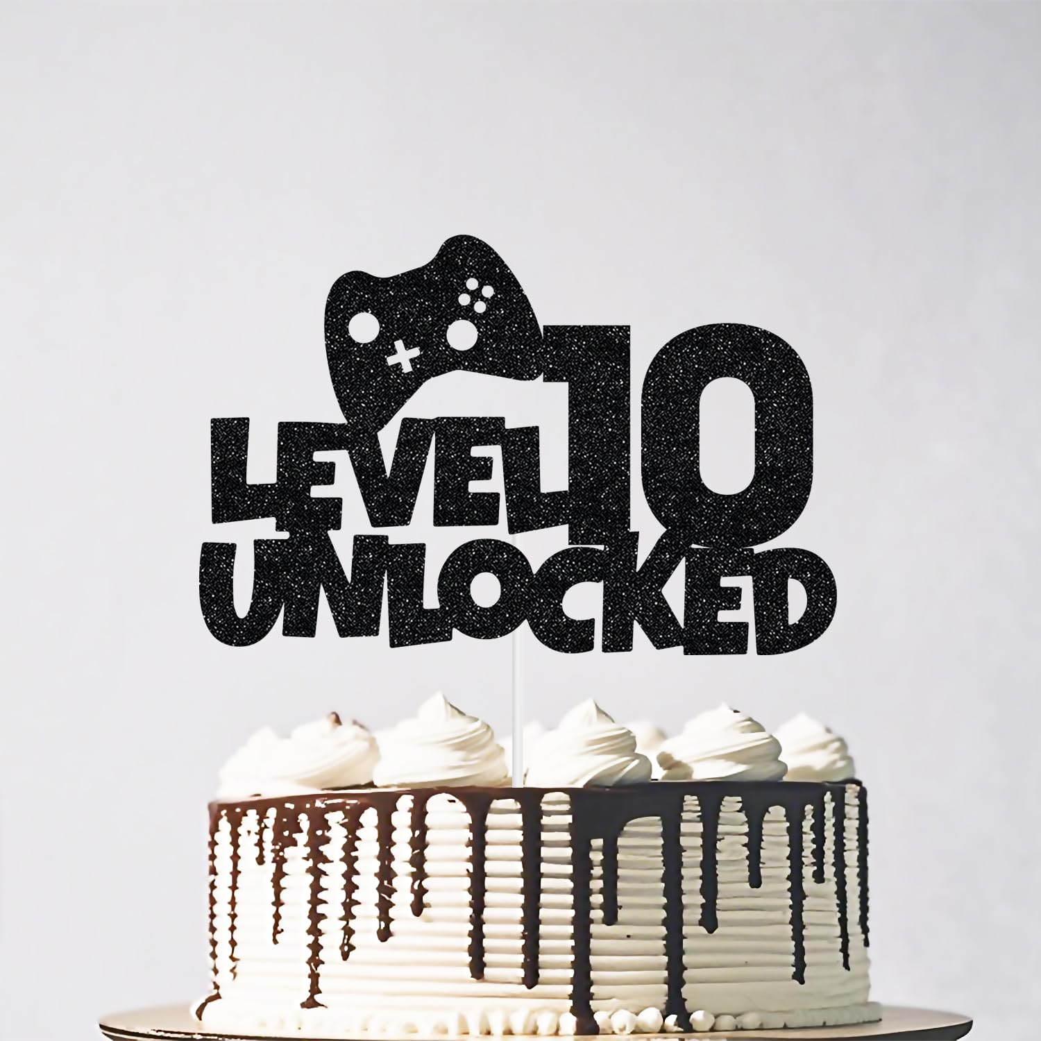 Glitter Level 10 Unlocked Cake Topper - Gamer's Happy 10th Birthday Cake Supplies, Level Up 10th Birthday Party Decorations Black
