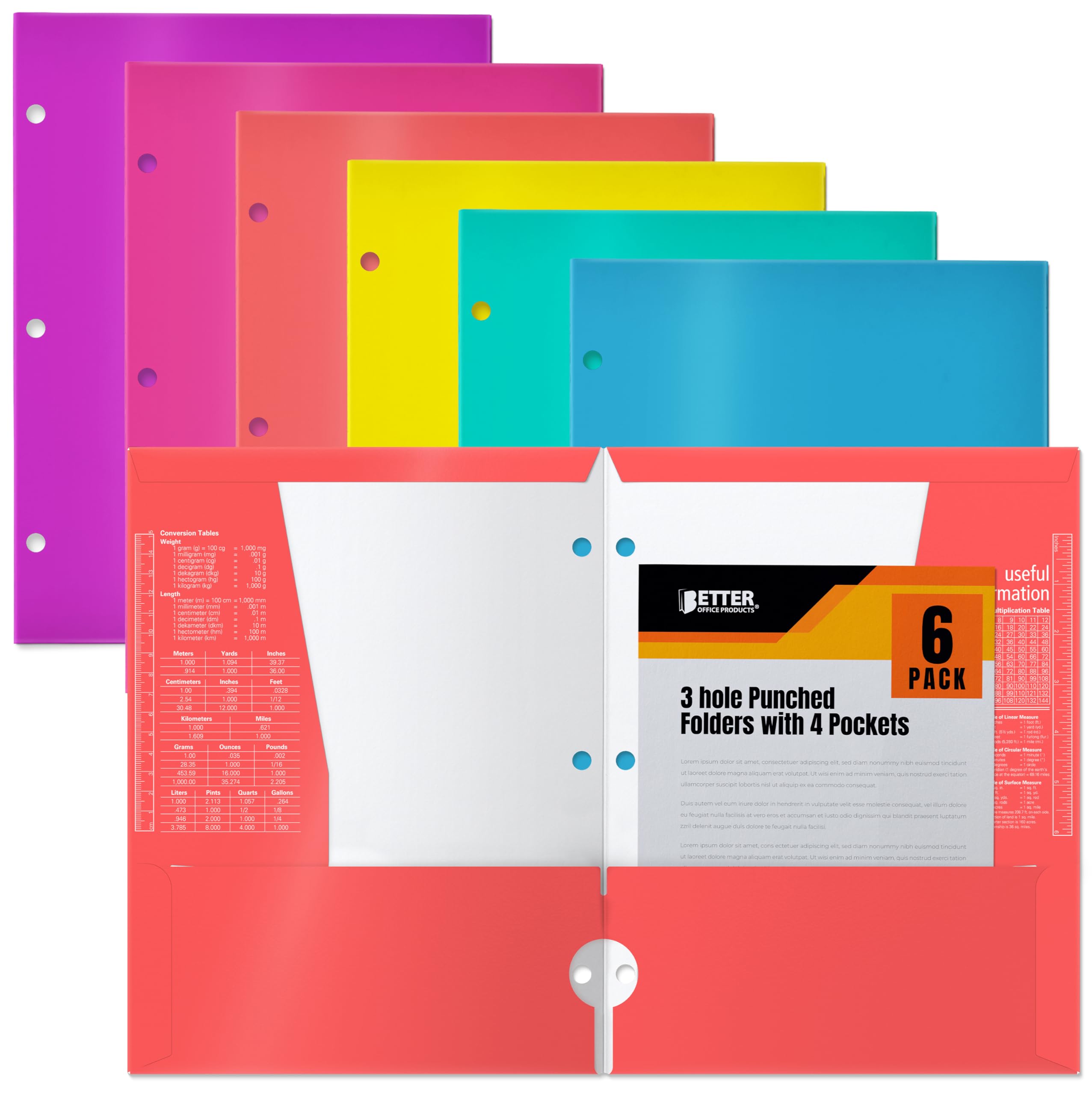 4 Pocket Glossy Laminated Paper Folders (6 Pack), 3 Hole Punch Portfolios, Assorted Colors,(Brights)