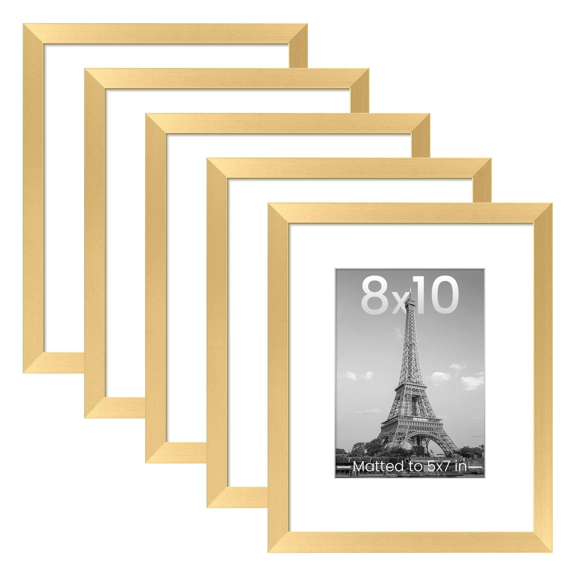 upsimples 8x10 Picture Frame Set of 5,Display Pictures 5x7 with Mat or Without Mat,Wall Gallery Photo Frames, Gold