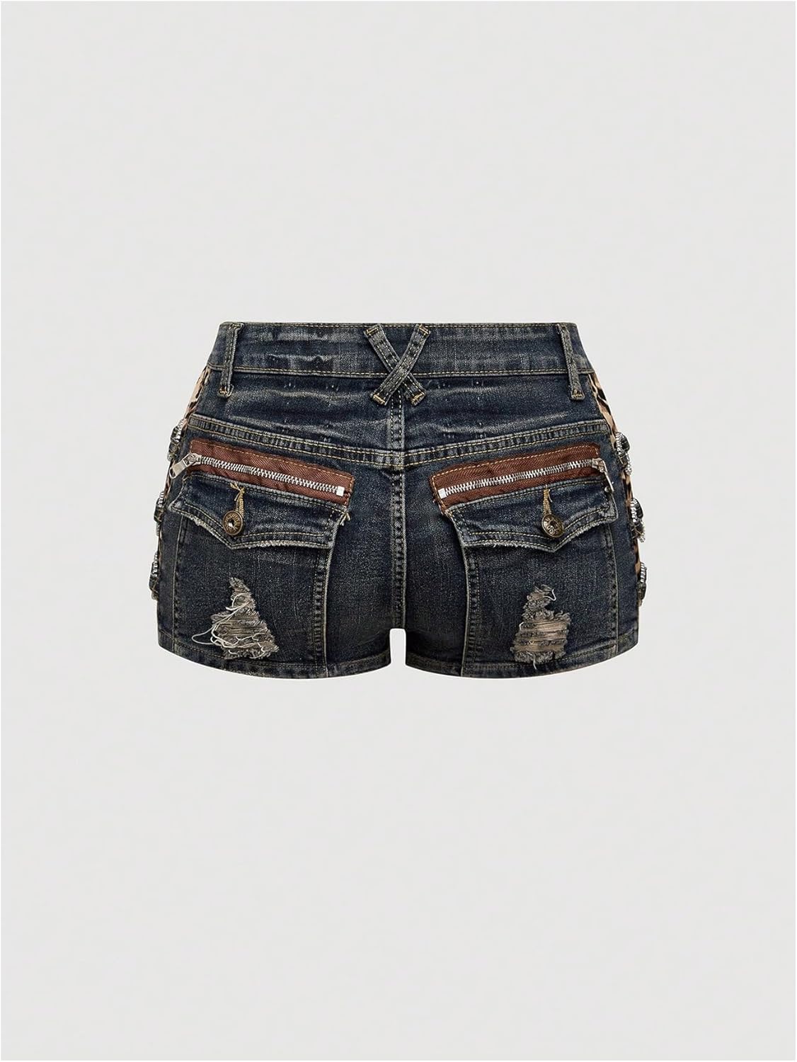 Verdusa Women's Y2K Leopard Distressed Ripped Mini Jean Shorts Rave Club Low Rise Rhinestone Denim Shorts - Image 2