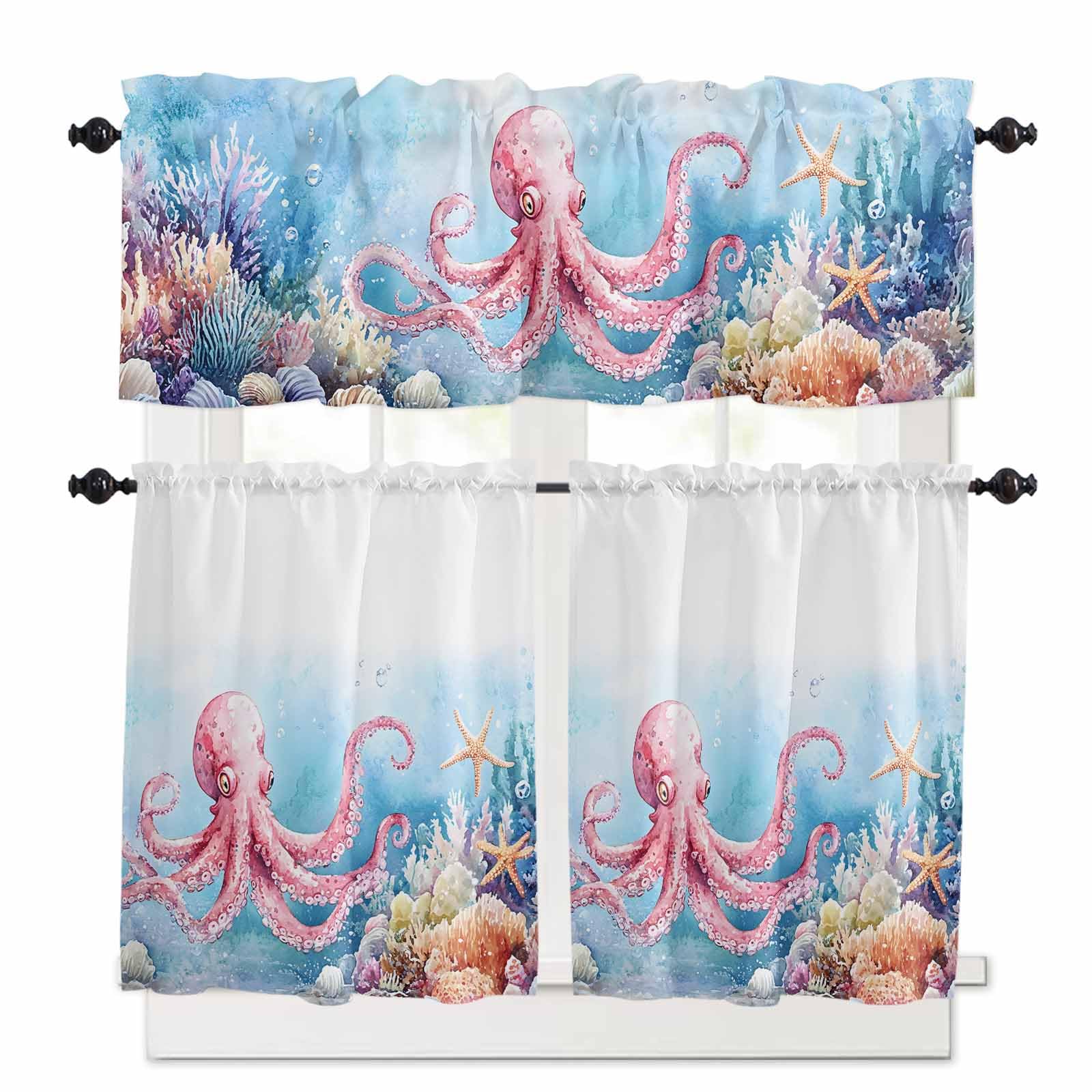 Octopus Kitchen Curtains 36 Inch Length, 3 Piece Rod Pocket Small Half Tiers and Valance Set, Coastal Starfish Watercolor Blue Ocean Coral Small Large Window Treatment Decor for Bedroom/Bathroom Sink