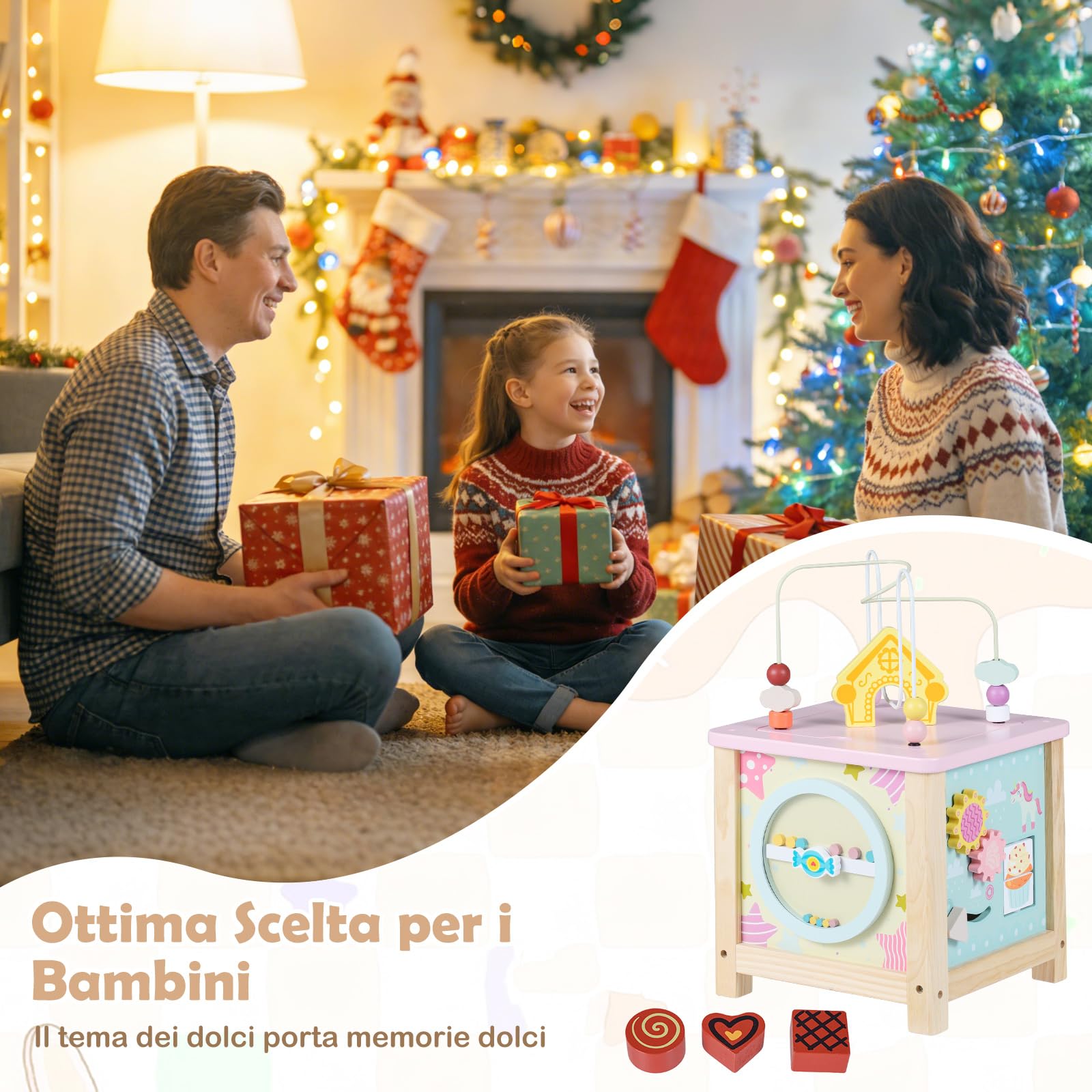 COSTWAY Cubo attività in Legno, Giochi Sensoriali Montessori per Bambini da 18+ Mesi, Giochi Educativi per Lo Sviluppo del Bambino, Giocattolo di Apprendimento per Compleanno e Natale