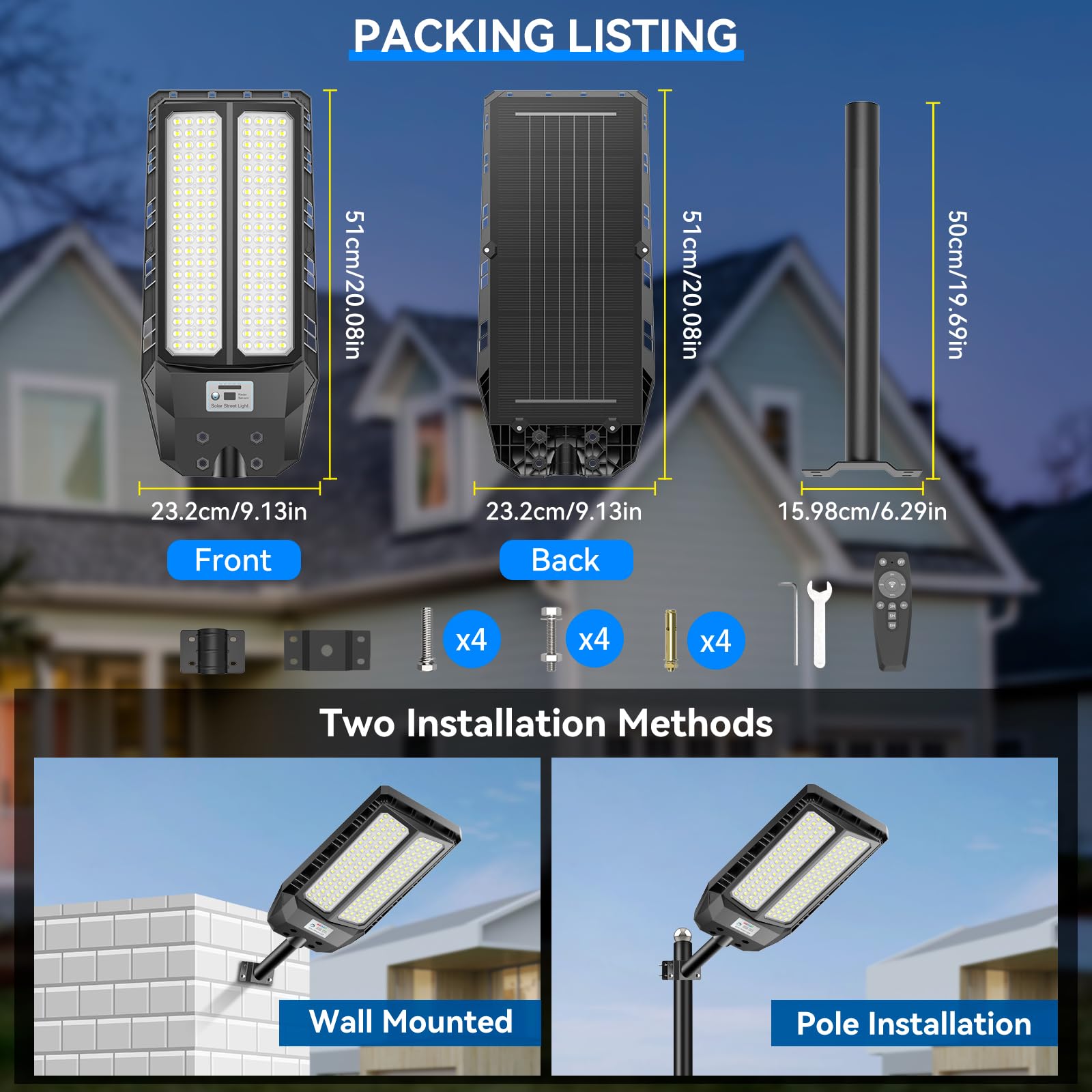 Adewalk 900W Lampione Solare Led Esterno con Telecomando, IP66 Impermeabile Lampada Stradale Solare con Sensore di Movimento, 6500K Super Bright Lampioni da Giardino Esterno Solari per Garage Strada