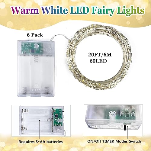 Miniatura 2 de Paquete de 6 guirnaldas de luces LED de 20 pies con 60 luces LED con temporizador, impermeables, para exteriores e interiores, luces parpadeantes a