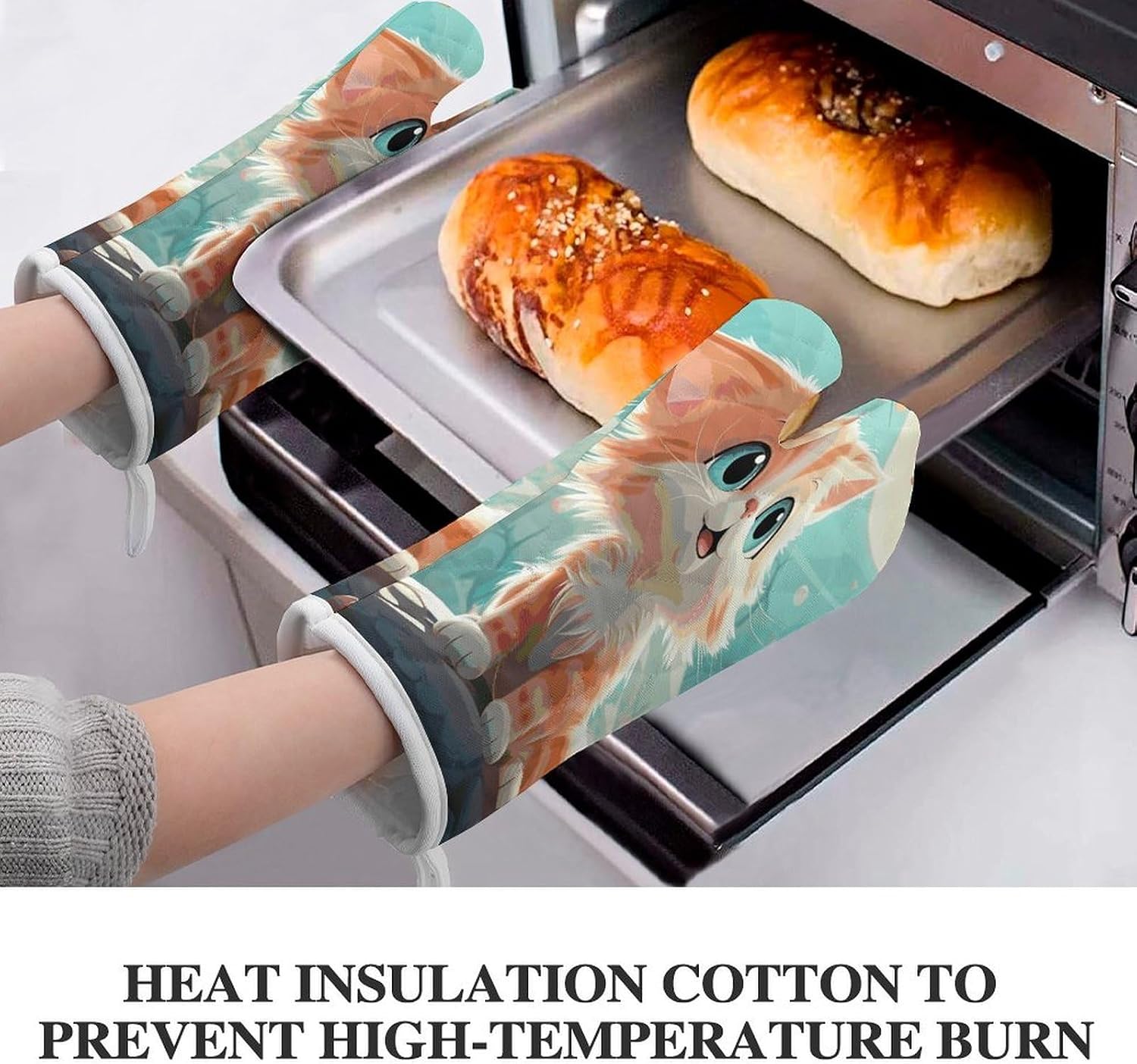 2 Pcs Oven Mitts Heat Resistant Kitchen Gloves Soft Safety Cute Cats Oven Glove for Microwave, Barbecue