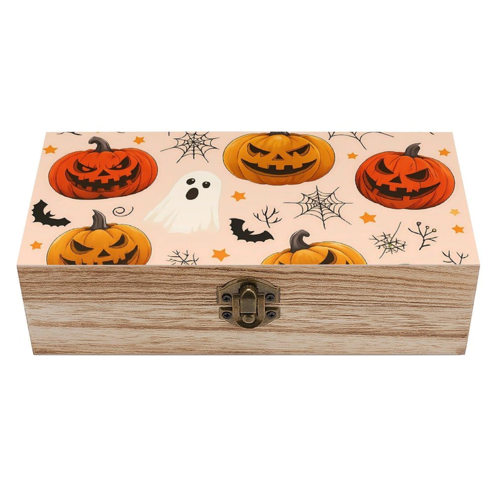 HLBSDM Halloween Pumpkin Bat Ghost Spider Web Retro Wooden Storage Box Jewelry Art Gift Boxs Decorative Keepsake Boxes