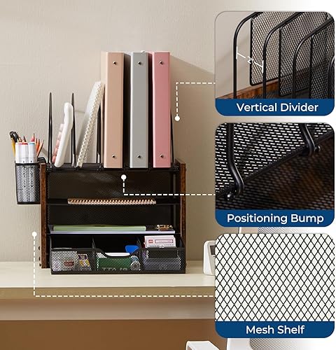 Miniatura 4 de Y YOMA Organizador de escritorio de madera con cajón y 2 soportes para bolígrafos, organizadores de escritorio compactos de malla de 4 niveles con 5