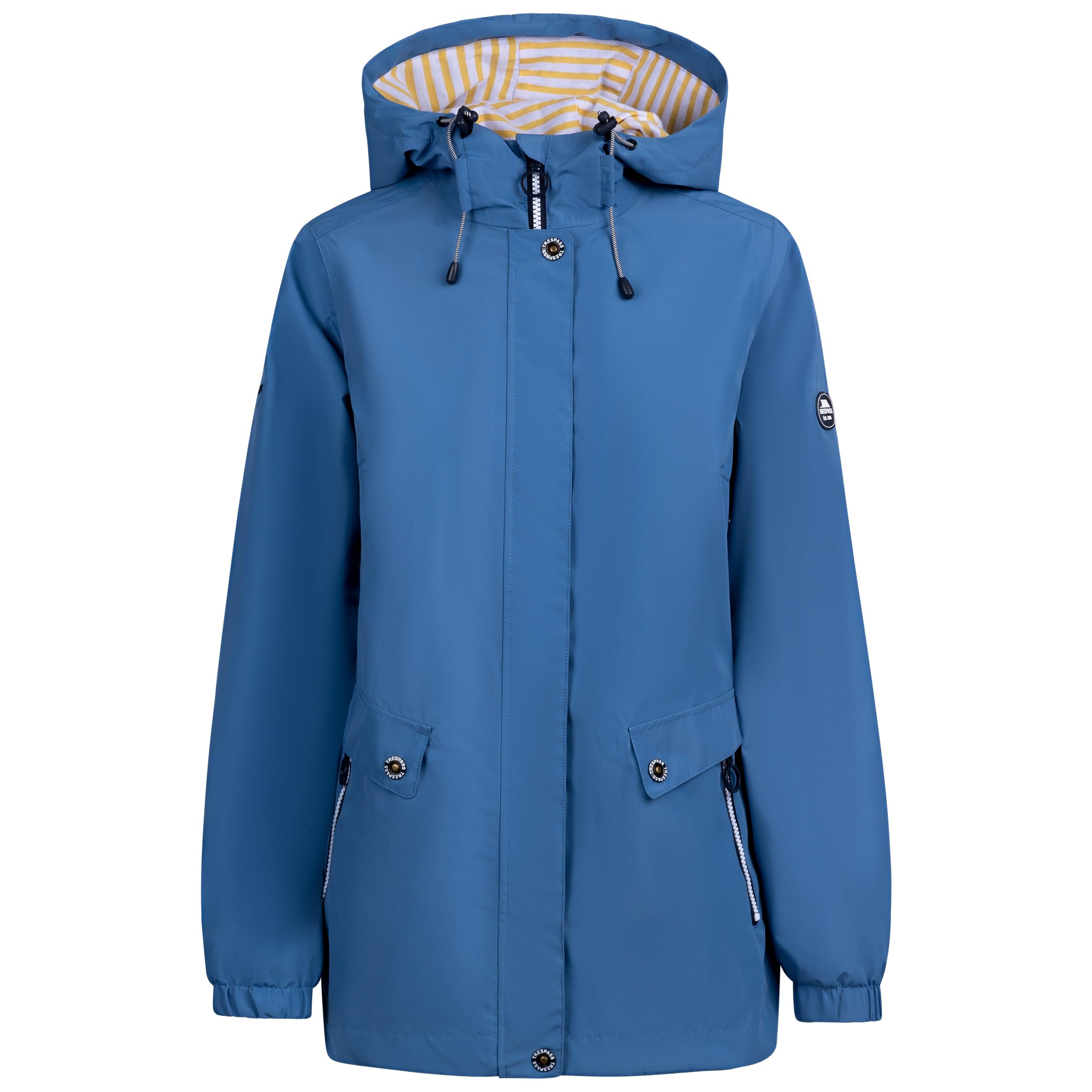 Trespass Womens Waterproof Jacket Flourish C-Taffeta Lining, Striped Jersey Lined Adjustable Hood, 2 Zip Pockets, Adjustable Back Waist, Curved Hem, Elasticated Cuffs, Contrast Trims, Bust Darts