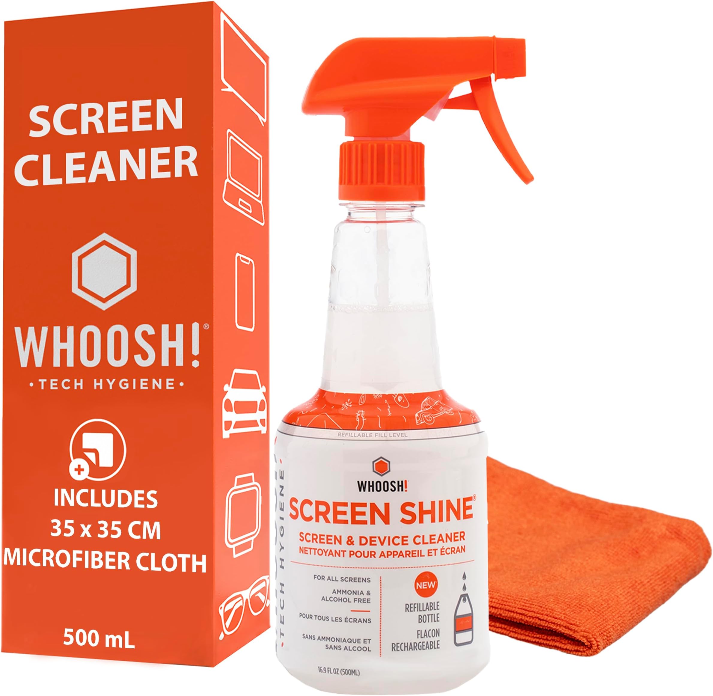 WHOOSH! Large Screen Cleaner Spray and Wipe - 500ml + 1 Microfiber Cloth Wipe - For TV, Car, Computer, Laptop, MacBook, iPad, Phone, Camera, Touch Screen - Industrial Size Electronic Cleaner Kit