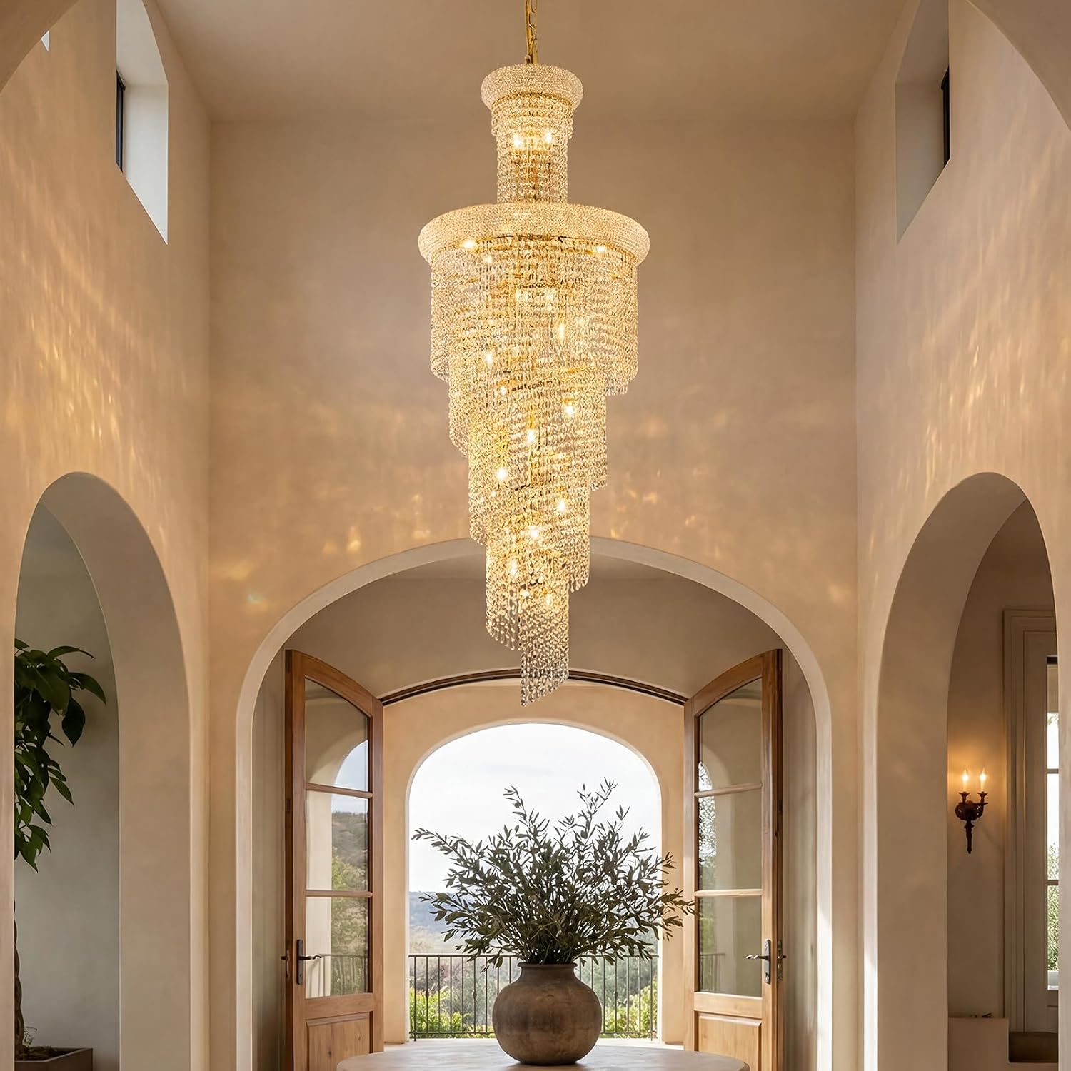 21-Light Spiral Crystal Chandelier Gold Finish for High Ceiling Foyer Entryway Living Room Staircase 60'' H X 22'' W X 22'' D