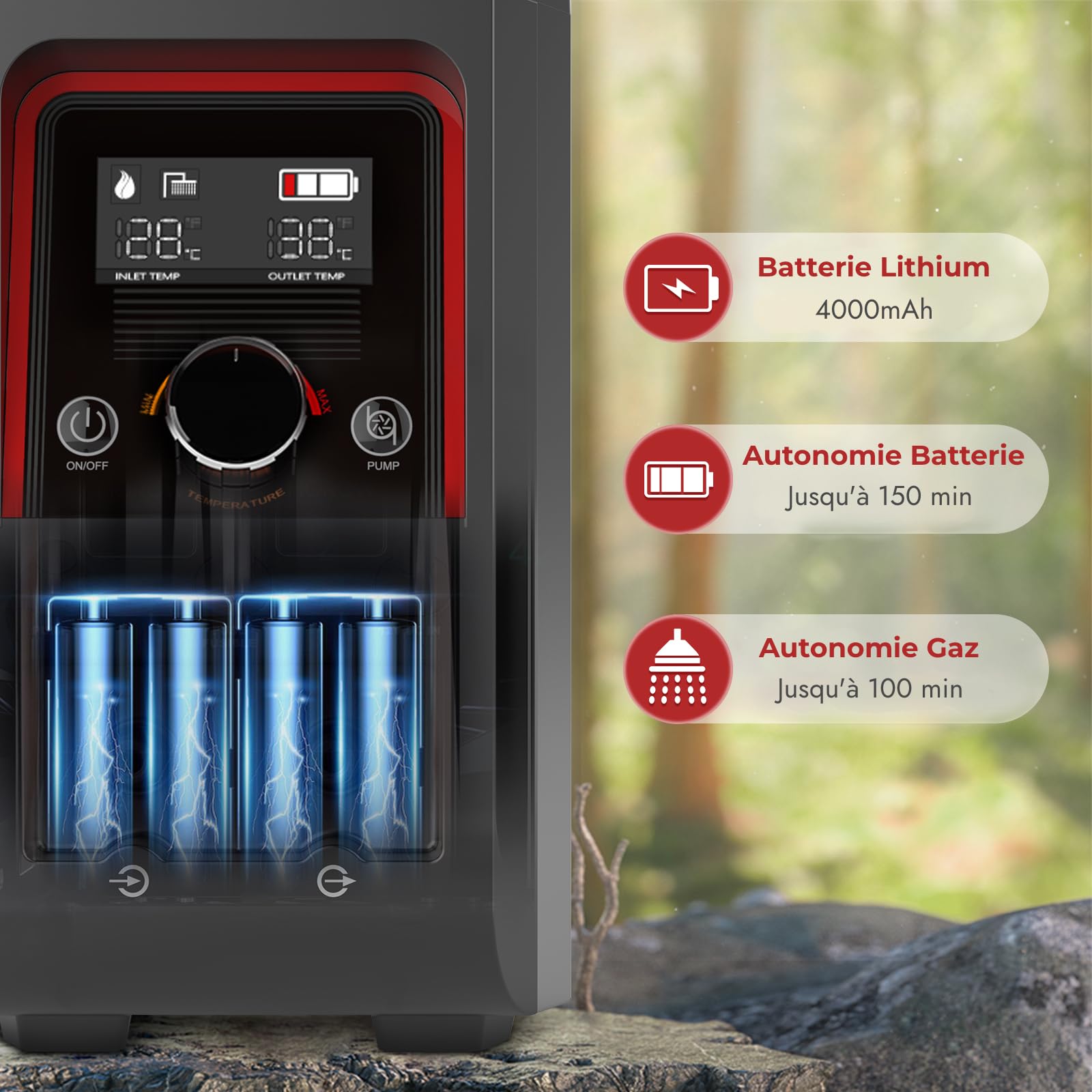 CAMPLUX Nano 3 Max - Chauffe-Eau Portable à Gaz, Kit Douche Outdoor, Eau Chaude Instantanée, avec Batterie Intégrée et Pompe 12V, Compact pour Camping & Vanlife