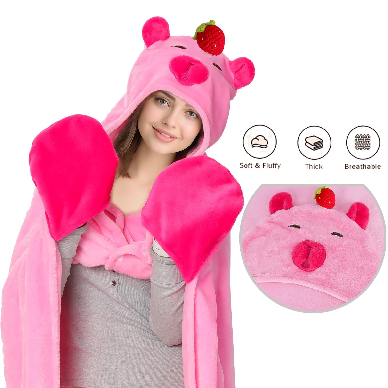 MSISILY Coperta con cappuccio indossabile da donna, morbida mantella avvolgente in pile e felpa con cappuccio Sherpa, Capibara Rosa, 160X130 cm