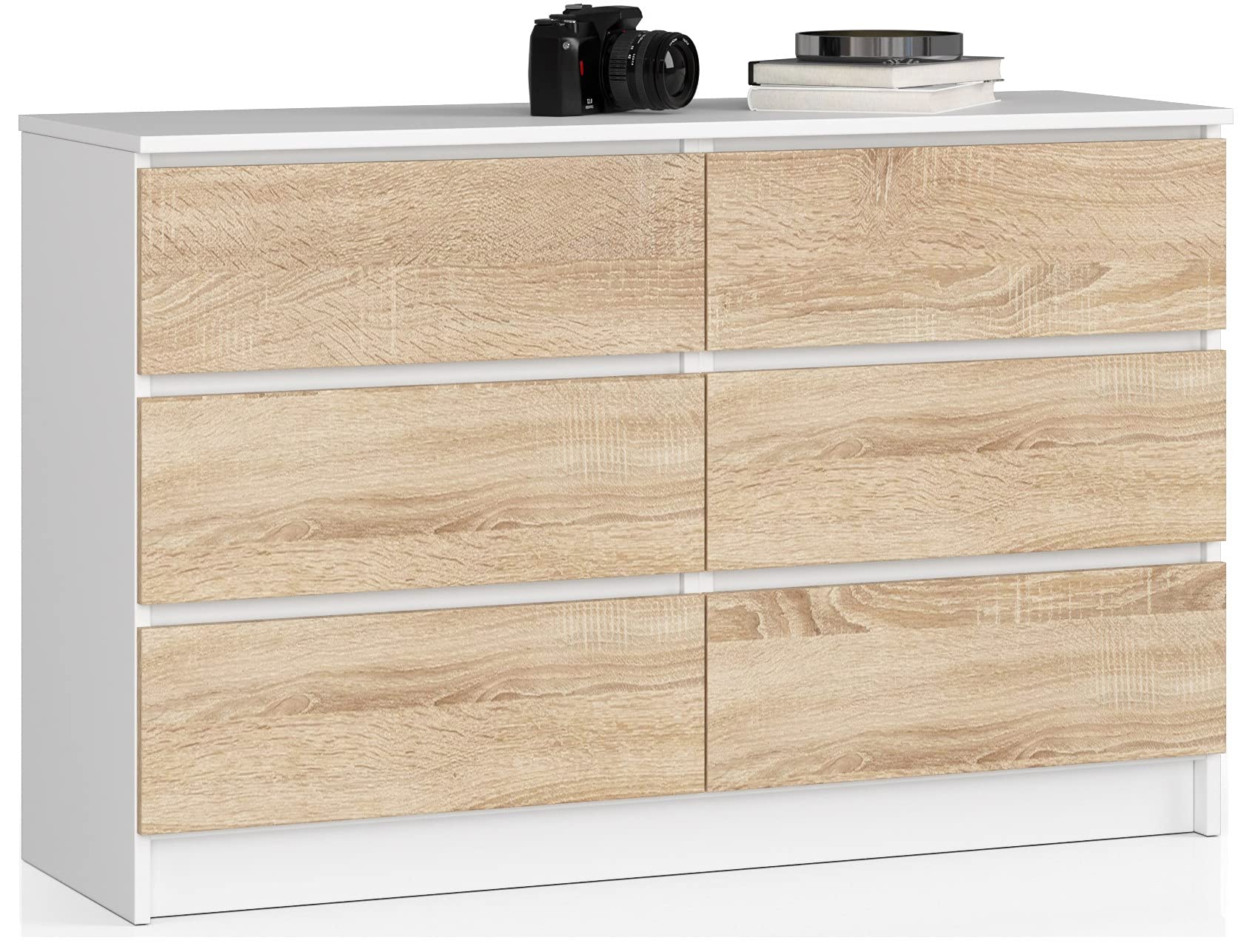 AKORD Commode K-​120 avec 6 Tiroirs | Commode Classique pour La Chambre, Salon | Meuble de Rangement | L120 x H77 x P40 cm, Poids 43 kg | Blanc/​Chêne Sonoma