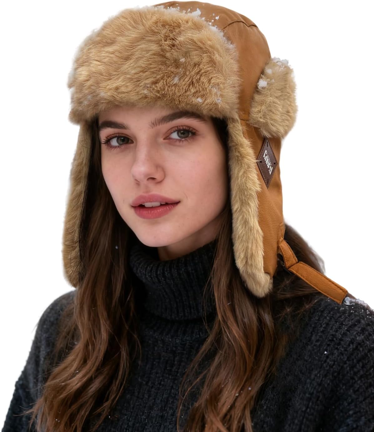 Clakllie Men's Trapper Hat Waterproof Leather Eskimo Cap Fur Russian Ushanka Hats Winter Hunting Skiing Cap with Earflaps
