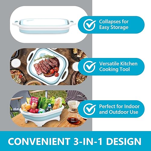 Vista 15 de HI NINGER Tabla de cortar plegable, tabla de cortar para acampar con cuchillo, cesta multifuncional para lavar verduras de cocina, tina de silicona