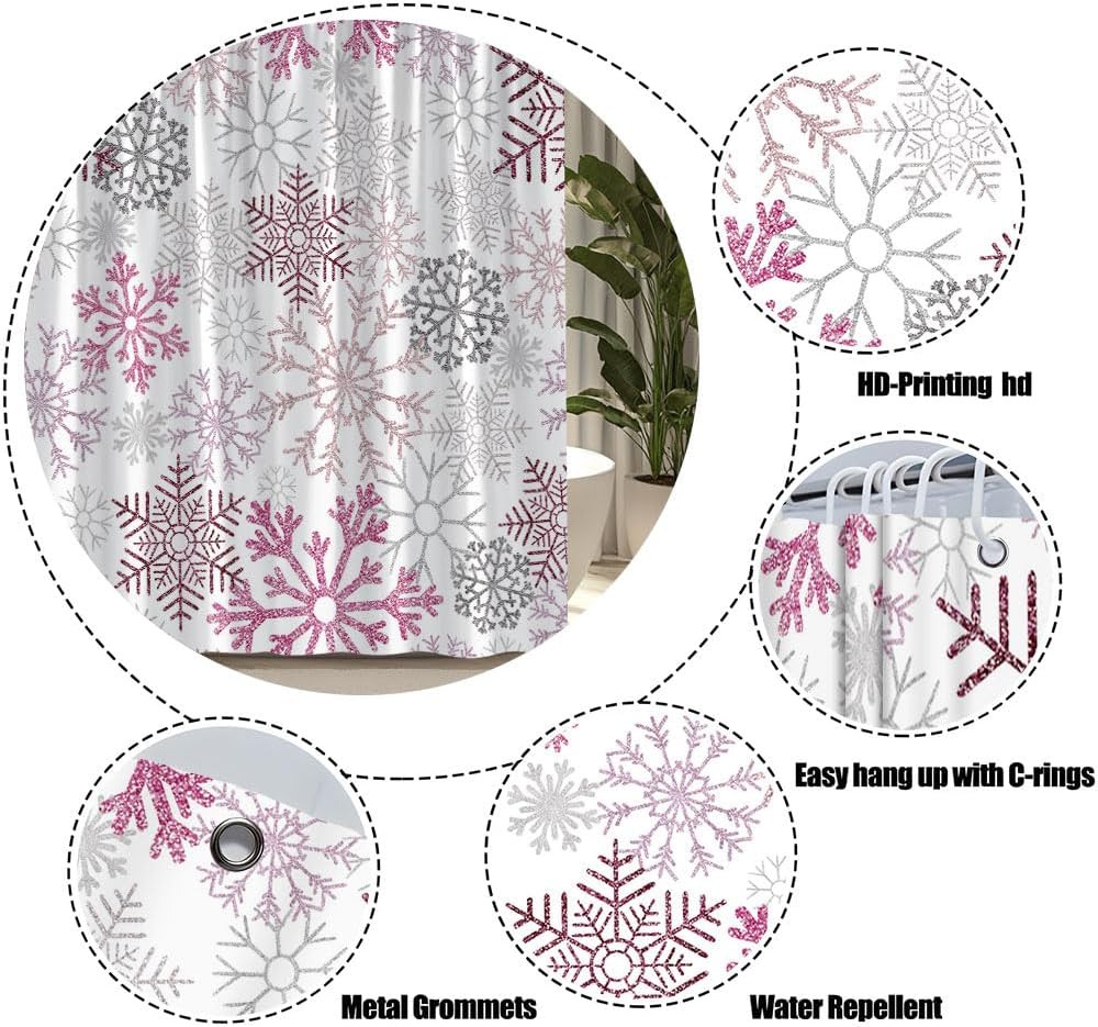 Christmas Shower Curtain Winter Snowflakes Wonderland Pink and Silver Snowflake on White Cute Snowfall Happy New Year Xmas Holiday Modern Polyester Fabric Bathroom Curtain with Hook