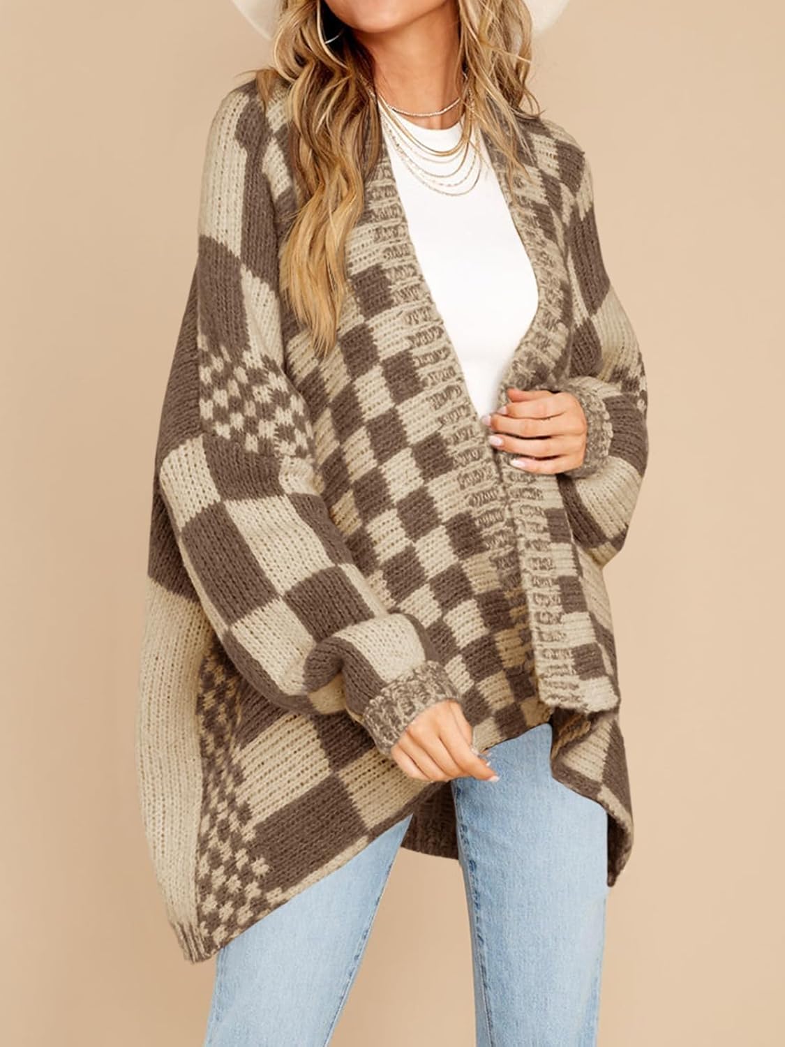 Saodimallsu Womens Checkered Sweater Color Block Plaid Cardigans Oversized Long Sleeve Knit Open Front Coats - Image 4