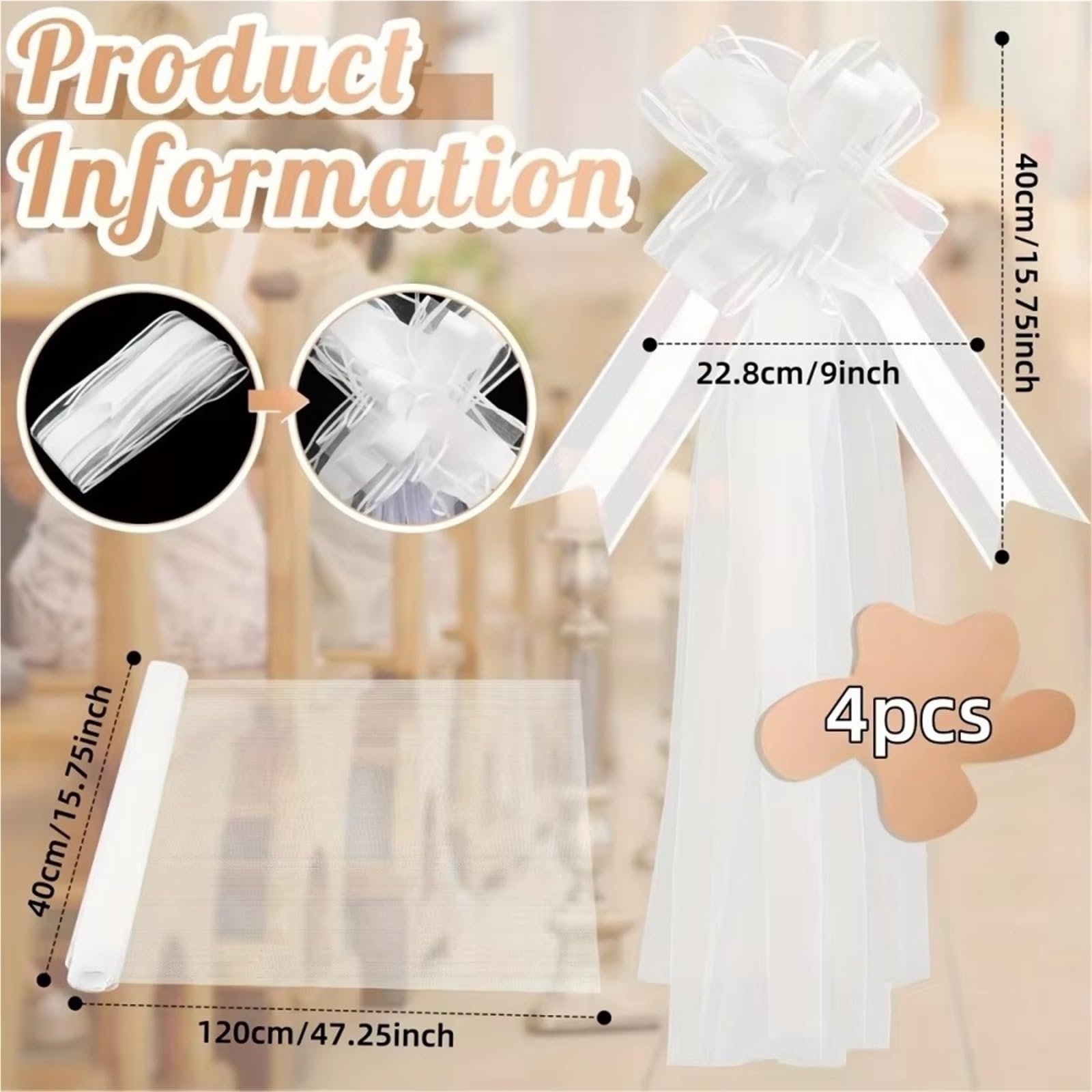 Autoschleifen Hochzeit 10–20 Stück weiße Hochzeitsschleifen | Mit langen Tüllschwänzen for Kirchenstuhl-Gang-Dekoration, Verlobungsfeier, Hochzeit, Autodekoration(10pcs)