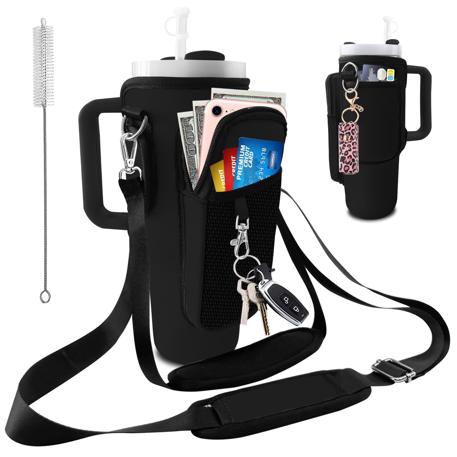 bolimoss Stanley Cup Bag, Black Insulated Neoprene Water Bottle Carrier Fits 40oz Tumble, Stanley Cup Accessories Holder 2 Adjustable Straps & 3 Pockets Phone Pocket, for Travel Hiking