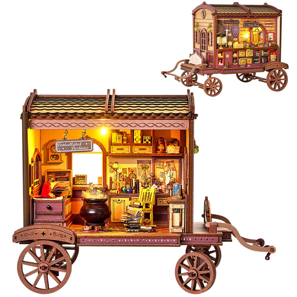 TOPBSFARNY DIY Book Nook Kit, 3D Puzzle DIY Miniature House and Moveable Carriage Educational Wooden Puzzles for Adults
