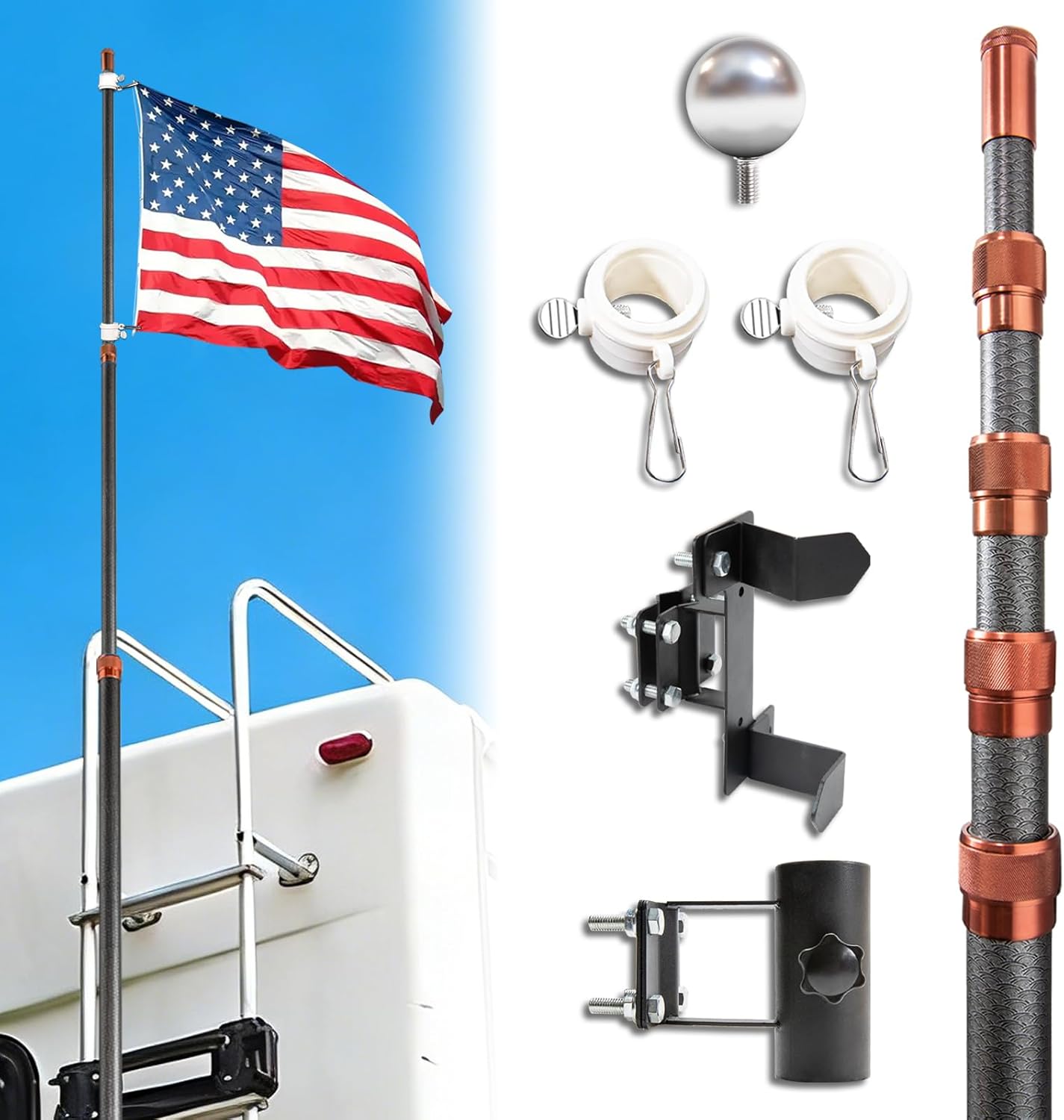 RV Ladder Flag Pole Kit, Heavy Duty Flag Pole Kit Ladder Mount, Upgraded Metal Hook, 20ft Telescoping Carbon Fiber Tailgate Flag Pole with Holder for RV Ladder/Campers/Travel Trailer