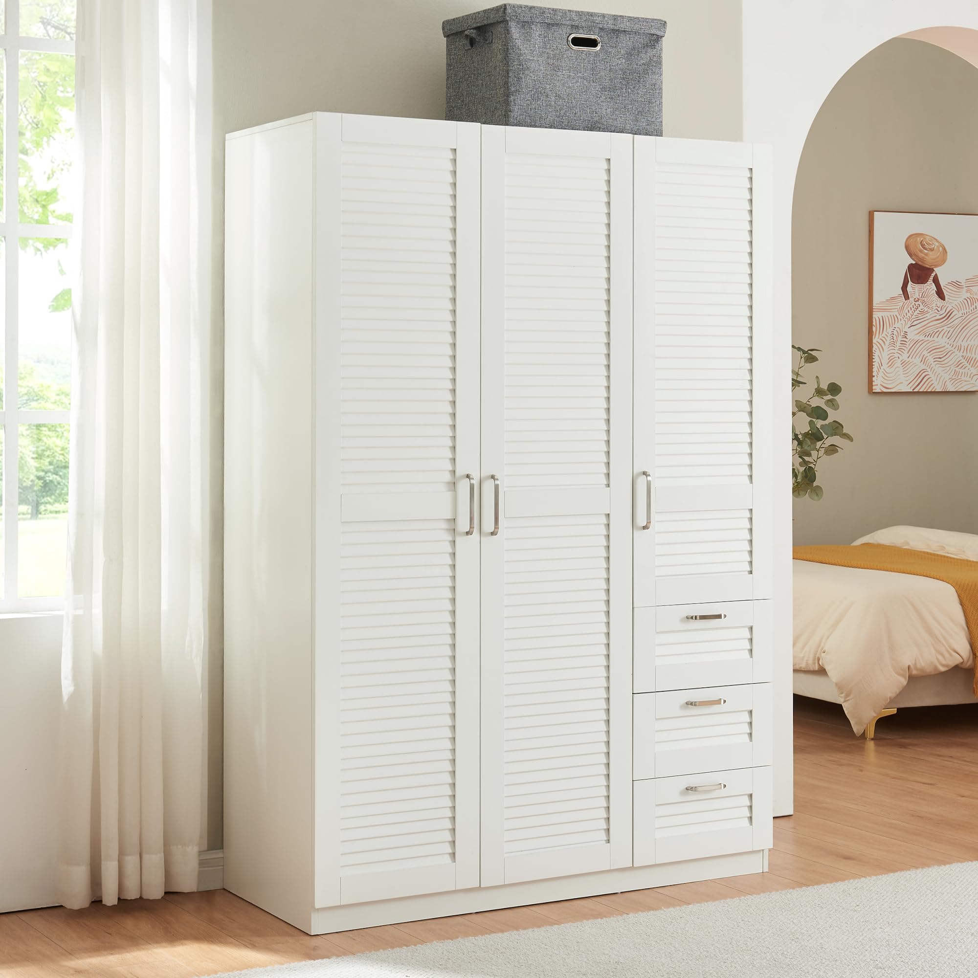 [en.casa] Armadio Guardaroba per Camera da Letto Armadio Chiuso con Ante a Persiana Scomparti Cassettiera Asta Appendiabiti 176 x 120 x 52 cm MDF - Bianco