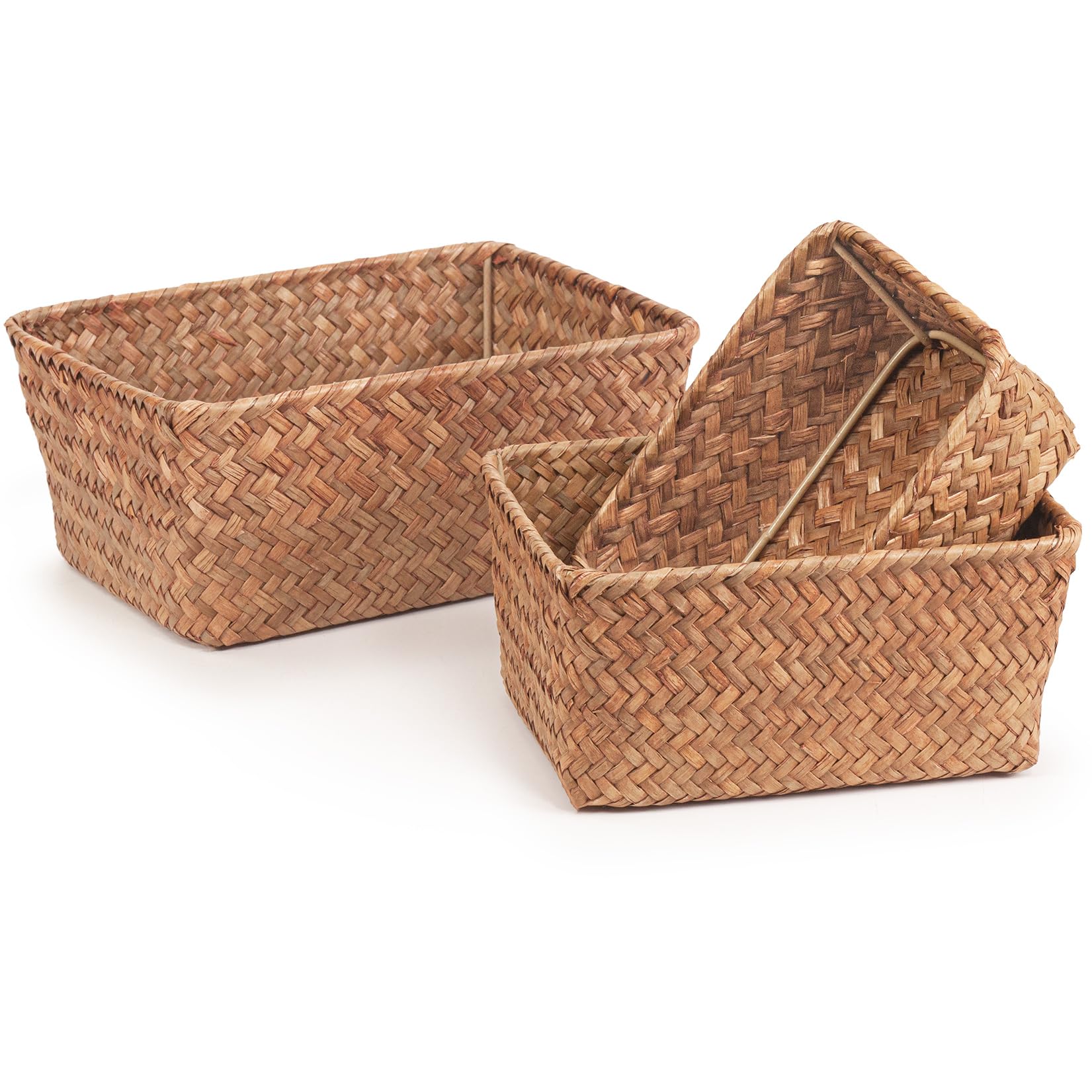 Woodluv Set Of 3 Shelf Basket 3 Seagrass Storage Basket For Shelves Set Of 3 Small, Hand-Woven Storage Basket, Wardrobe Organiser, Hamper Baskets, Brown