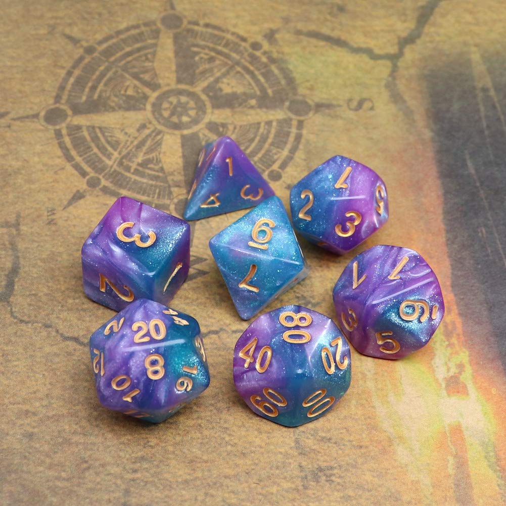 DND - Dados Poliédricos Azul y Morado con Purpurina para Dungeon and Dragons D&D, Juego de Rol y Mesa