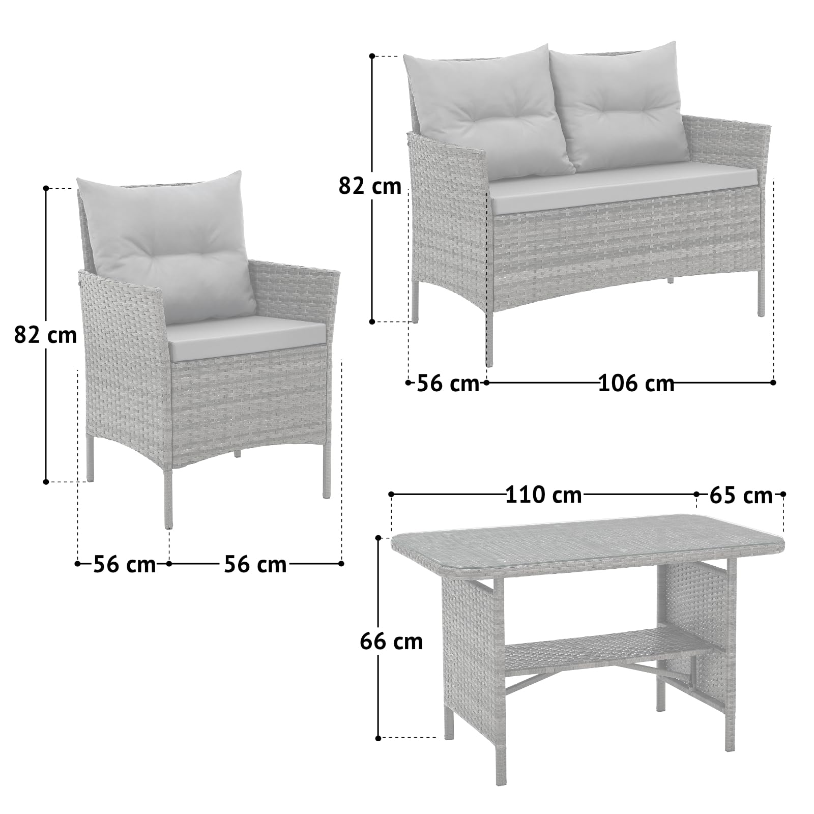 SVITA Dallas Gartensitzgruppe Polyrattan 4-teilig Outdoor Set mit 2 Sesseln 2er-Sofa & Esstisch Wetterfestes PE-Rattan Stahlrahmen & Sitzkissen Grau